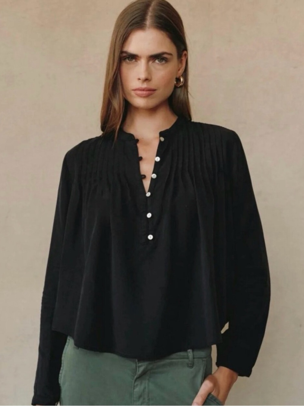 NWT Bella Dahl Black Long Sleeve Shoulder Pintuck Shirt Size S